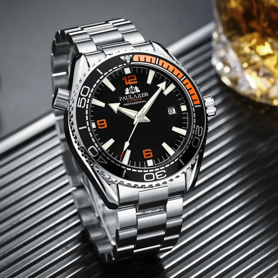 ساعات أوتوماتيكية للرجال ميكانيكية ذاتية الرياح من الفولاذ المقاوم للصدأ بحزام برتقالي أزرق أحمر فاخر