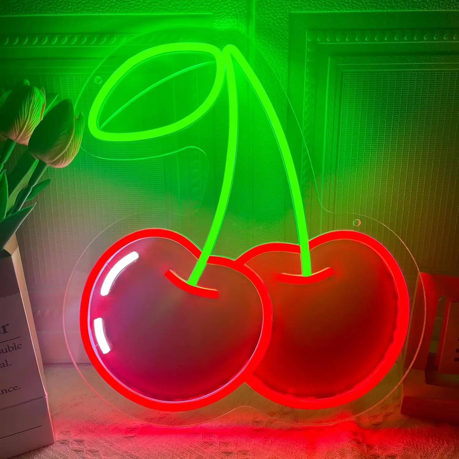 

Twin Cherries Neon Light Fruits Red Green Cherries Neon Sign Dimmable for Floral Bedroom Kids Room Bedroom Restaurant Decor Gift