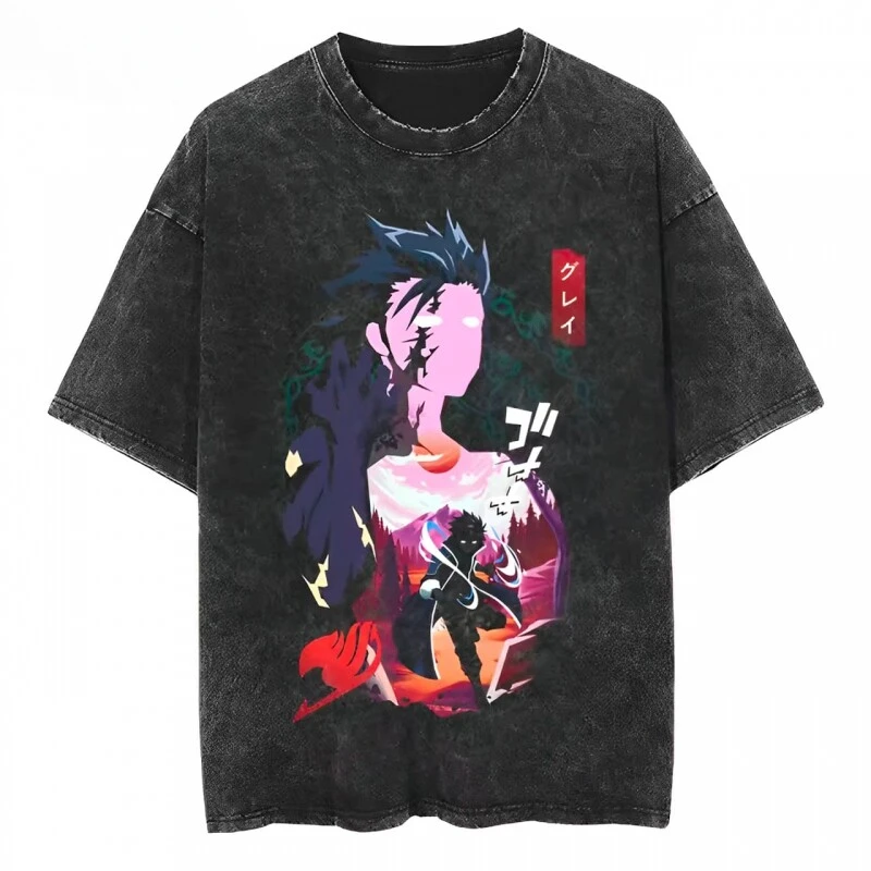 Summer New Fairy Tail Anime Printed Short-sleeved T-shirts for Men and Women Loose Retro Old Cotton Shirts for Couples