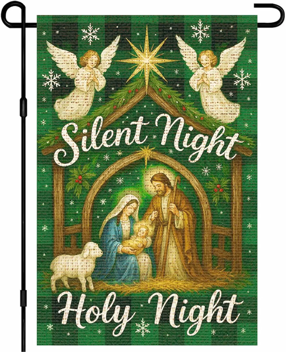 IVN Christmas Holy Family Garden Flag Yard Flag for Outside 12 x 18 Inch Double Sided Burlap Silent Night Green Arch Banner  EEZ