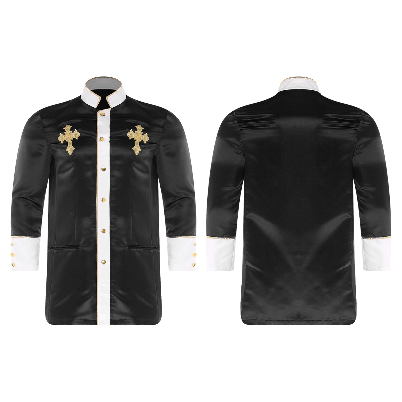 

Carnival Clergy Preachers Worship Cosplay Jackets Tops Men's Liturgical Cross Embroidery Priest Shirt Tops for Halloween Party