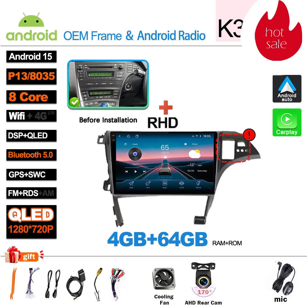 Android 16 autoradio, videomedia-speler, Carplay, GPS-navigatie voor Toyota Prius XW30 2009-2015
