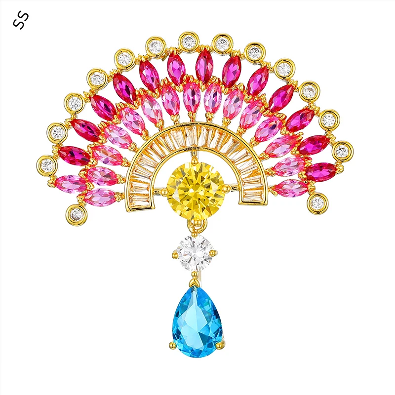 

Fashion Vintage Gemstone Zircon Brooches for Women 2024 Trendy Colorful Fan Designed Corsage Pins Gold Metal Accessories