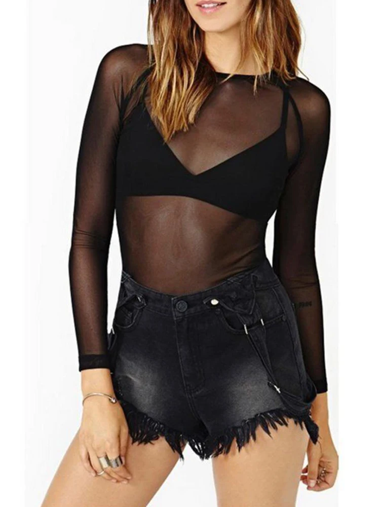 Hot New 2024 Spring Summer Womens Long Sleeve Sexy Black Mesh Top T Shirts Transparent Punk Club Streetwear Tees Beach Tops