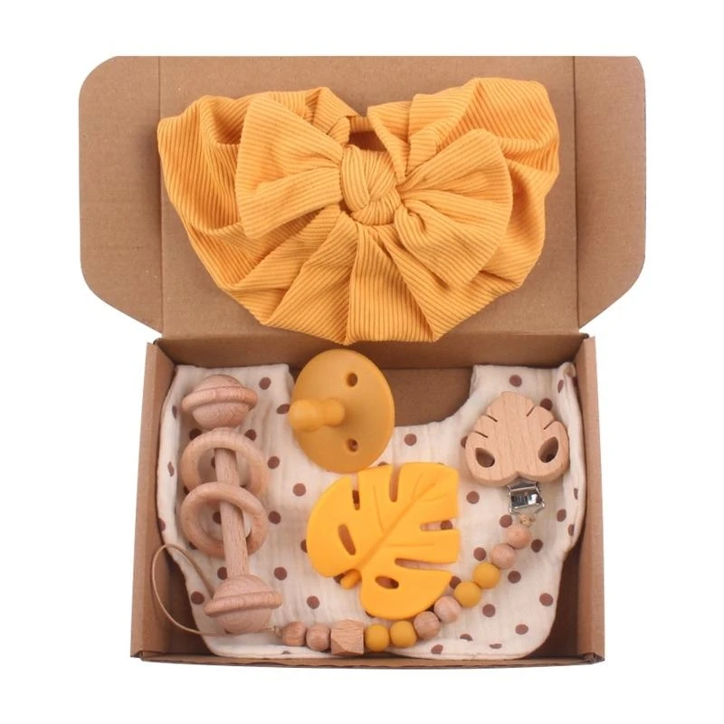 

Y4QA Baby Pacifier Turban Hat Clip Rattle Set Teething Soother Toy for Boy Girl Unisex Stuff Drooling Bib for Infant 0-6-12M+