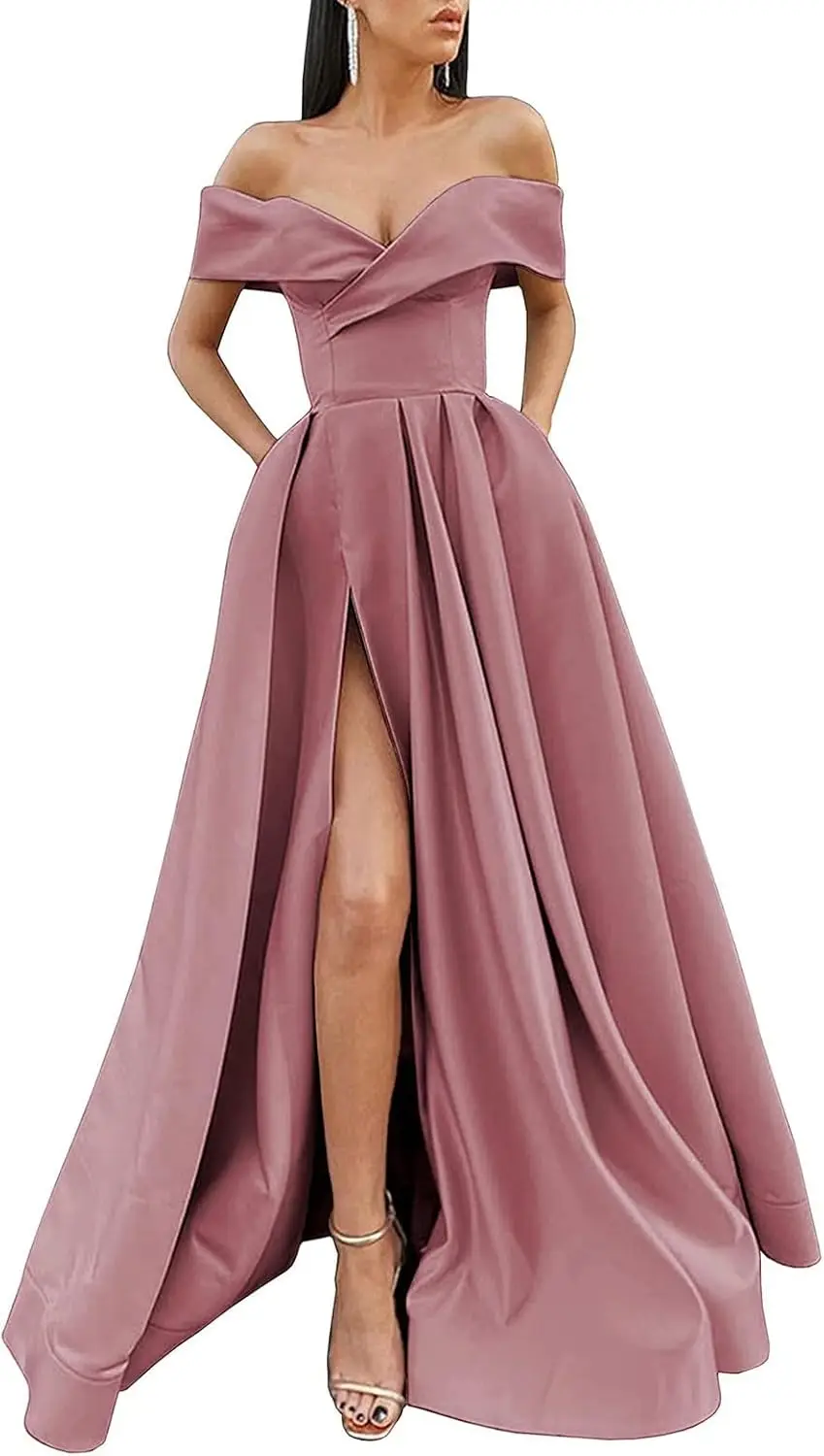 サテン オフショルダー プロムドレス 2025 ロングスリット サテンフォーマルドレス イブニングボールガウン プロムドレス ブライズメイドドレス