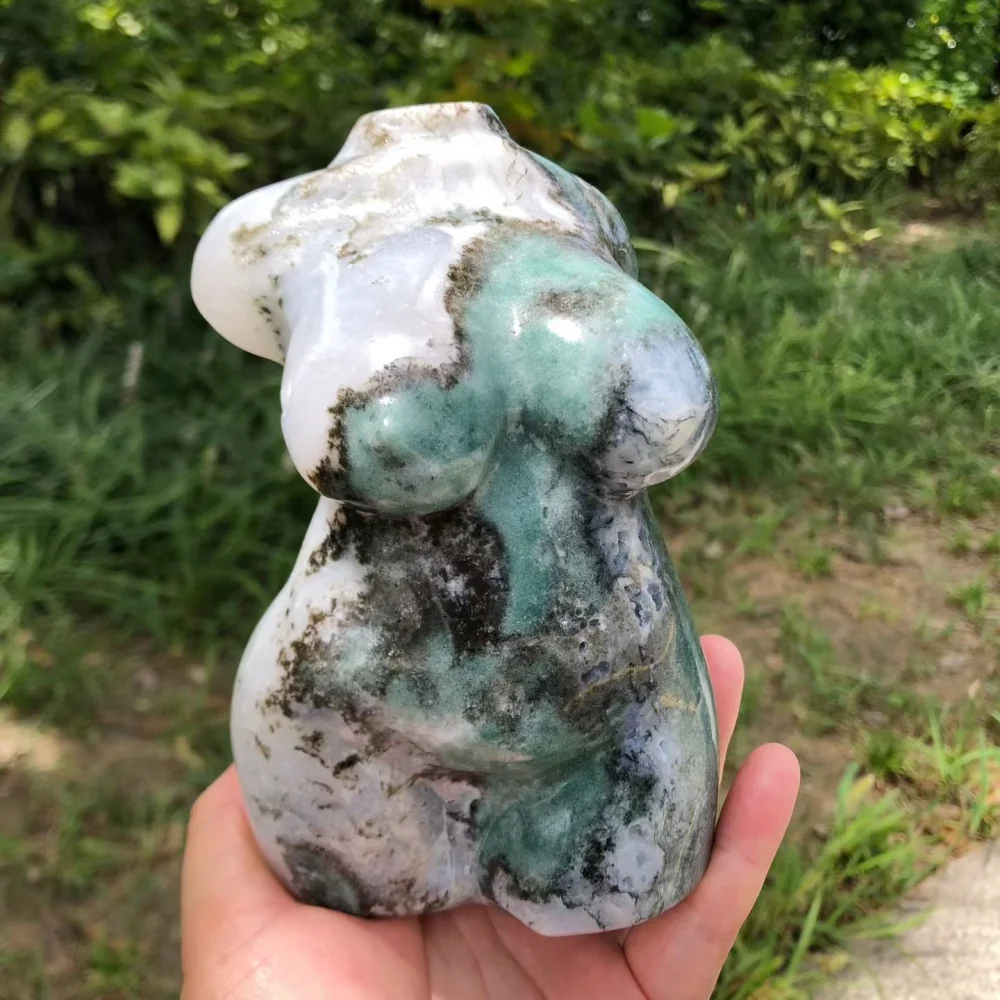15cm Moss Agate Plus Size Female Torso Sculpture Natural Crystal Goddess Body Figurine Wicca Altar Spiritual Healing Decor Gift