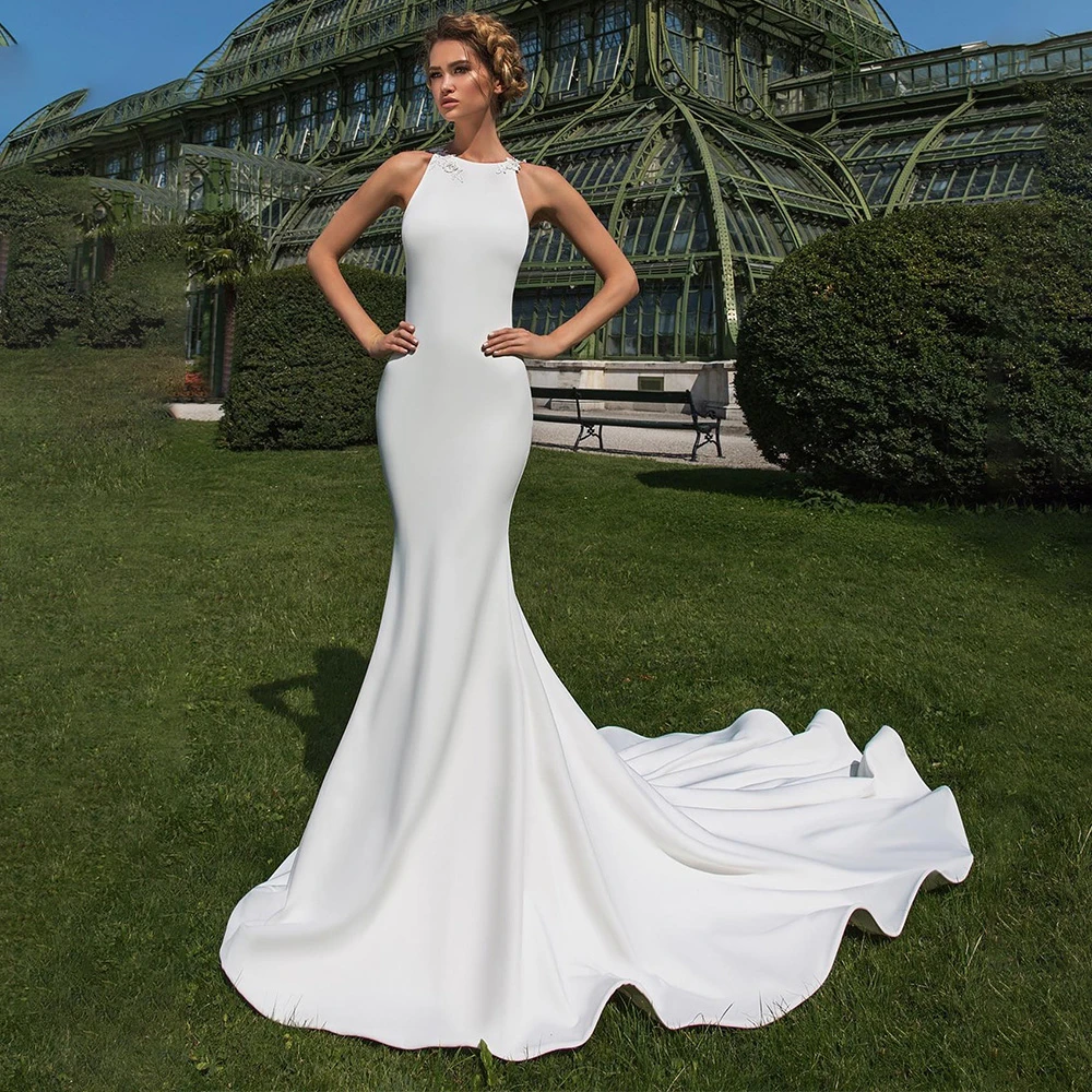 Aangepaste Boho witte Jersey trouwjurk elegante O-hals mouwloos Robe de mariée zachte zeemeermin rechter trein vestido de novia