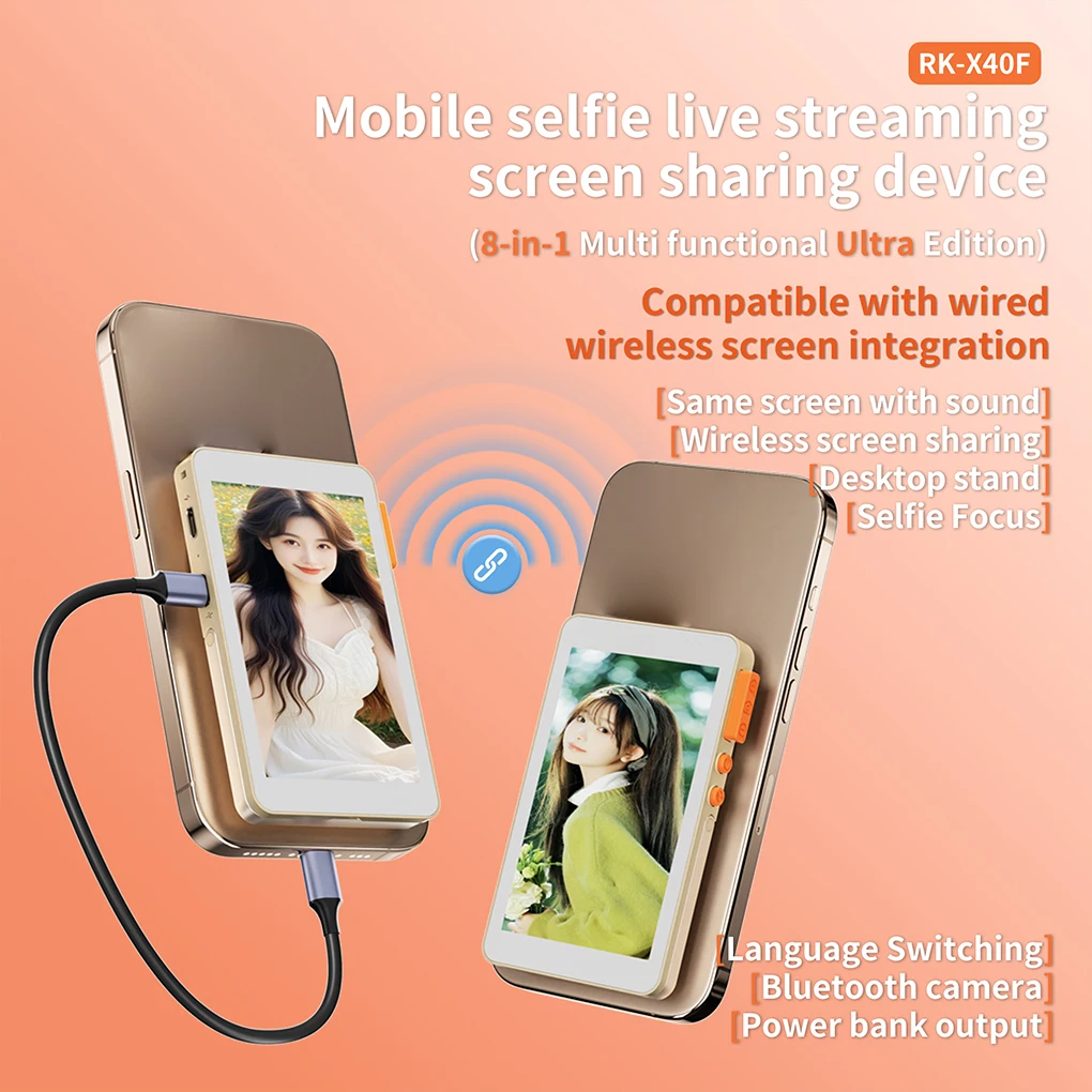 شاشة مراقبة سيلفي مغناطيسية RK-X40F للهواتف الذكية والكاميرا الخلفية لصور السيلفي مدونة فيديو بث مباشر لهاتف iPhone 16 15 pro max