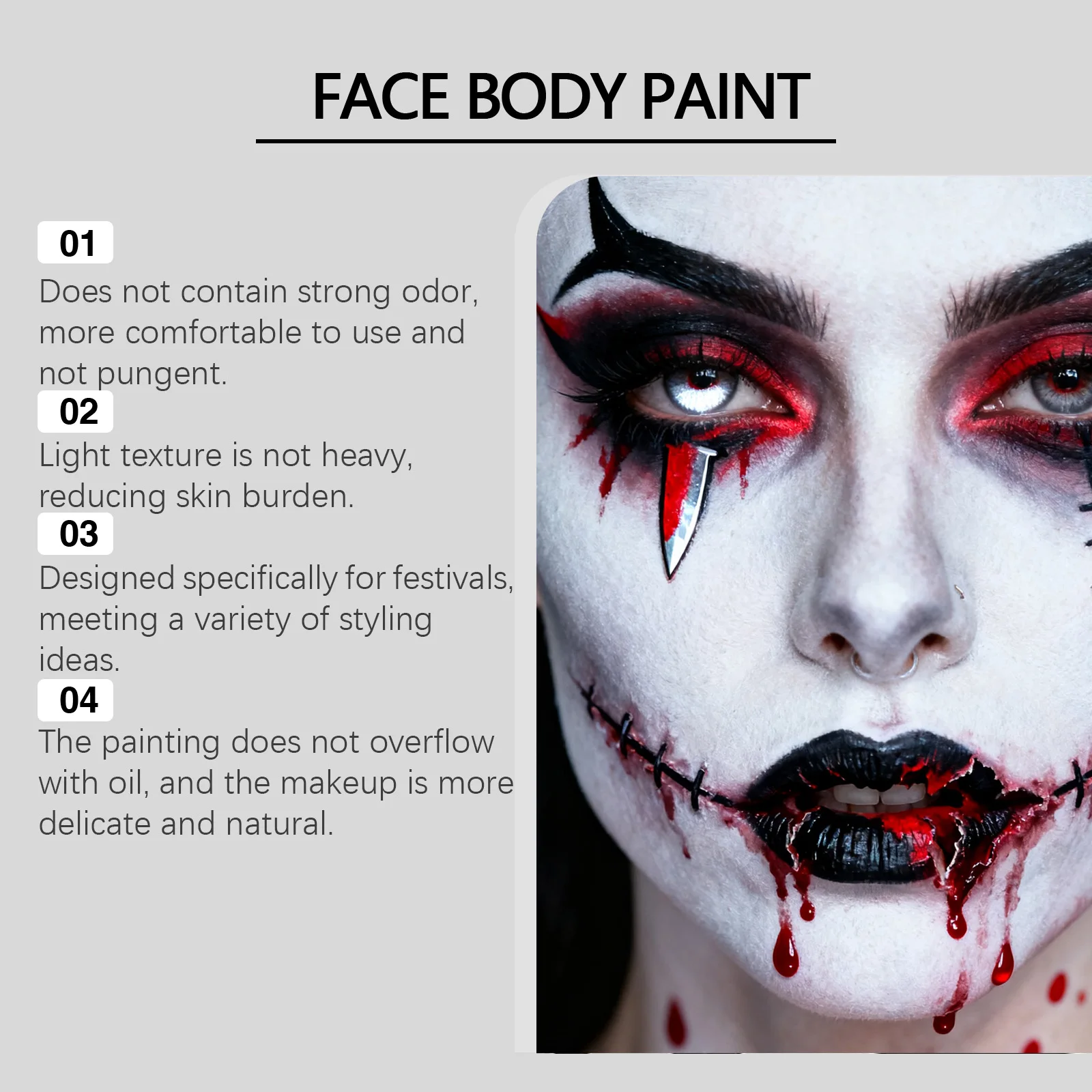 3Colors Halloween Face Body Paint Kit Black/White/Red Washable Non-Toxic Halloween Clown Cosplay SFX Pro Makeup Paint Palette