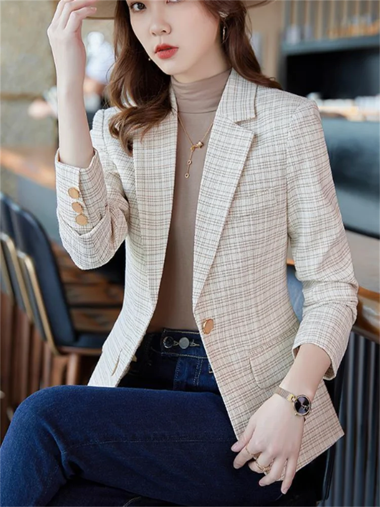 Checkered Coat Women Suit Jacket OL Popular Suits Top For Women Outwear High-end Plaid Suit Slim Casual Fabric Blazers
