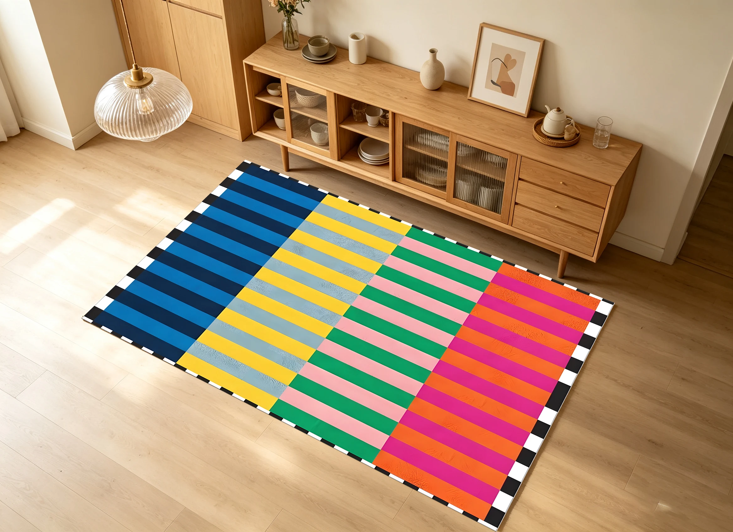 2D Large Rug with Contrasting Color Stripes & Checkerboard Pattern, Trendy & Stylish, Soft & Comfortable, for Living Rooms &