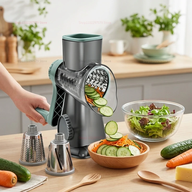 Rallador rotatorio multiusos 3 en 1, mandolina de cocina, rebanador de verduras, rebanador de queso, triturador de patatas, para nueces, cebolla y zanahoria