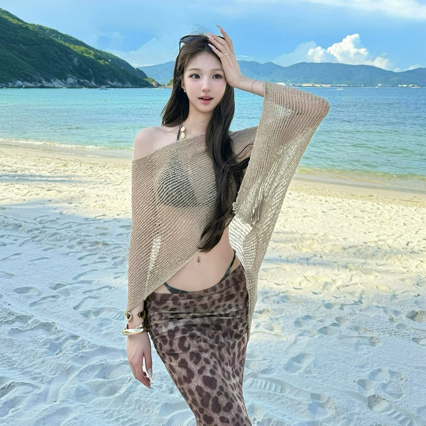 

Sexy Leopard Print Bikini Women's Swimwear Vaion Resort Sle Strapl Ne Hanging e Binding Separate Design