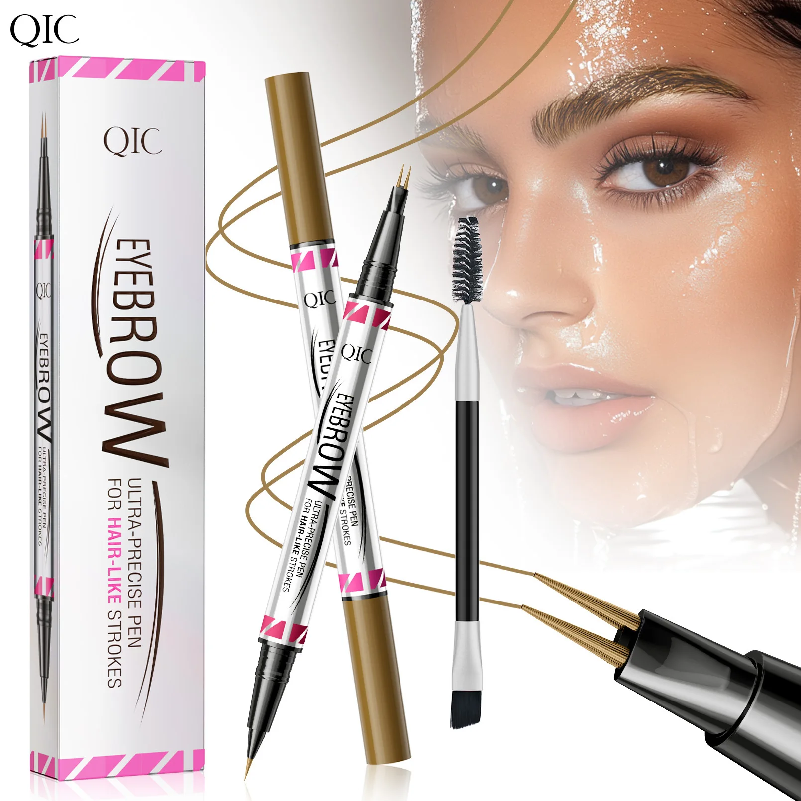 QIC Neuer Doppelkopf-Augenbrauenstift mit 2 Zinken, besonders präziser 2-in-1-Augenbrauenstift, Eyeliner, flüssiger Augenbrauenstift, langlebiges Make-up