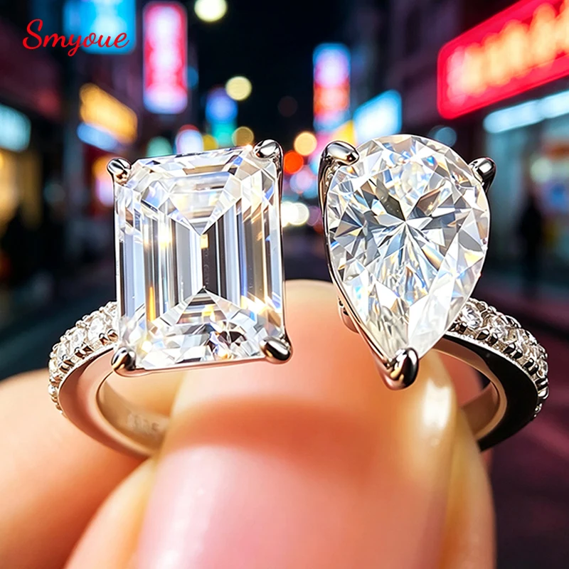 Smyoue Emerald Cut Pear Cut All Moissanite Wedding Rings for Women Open Band Couple Dating Jewelry 925 Sterling Silver 2 Stones