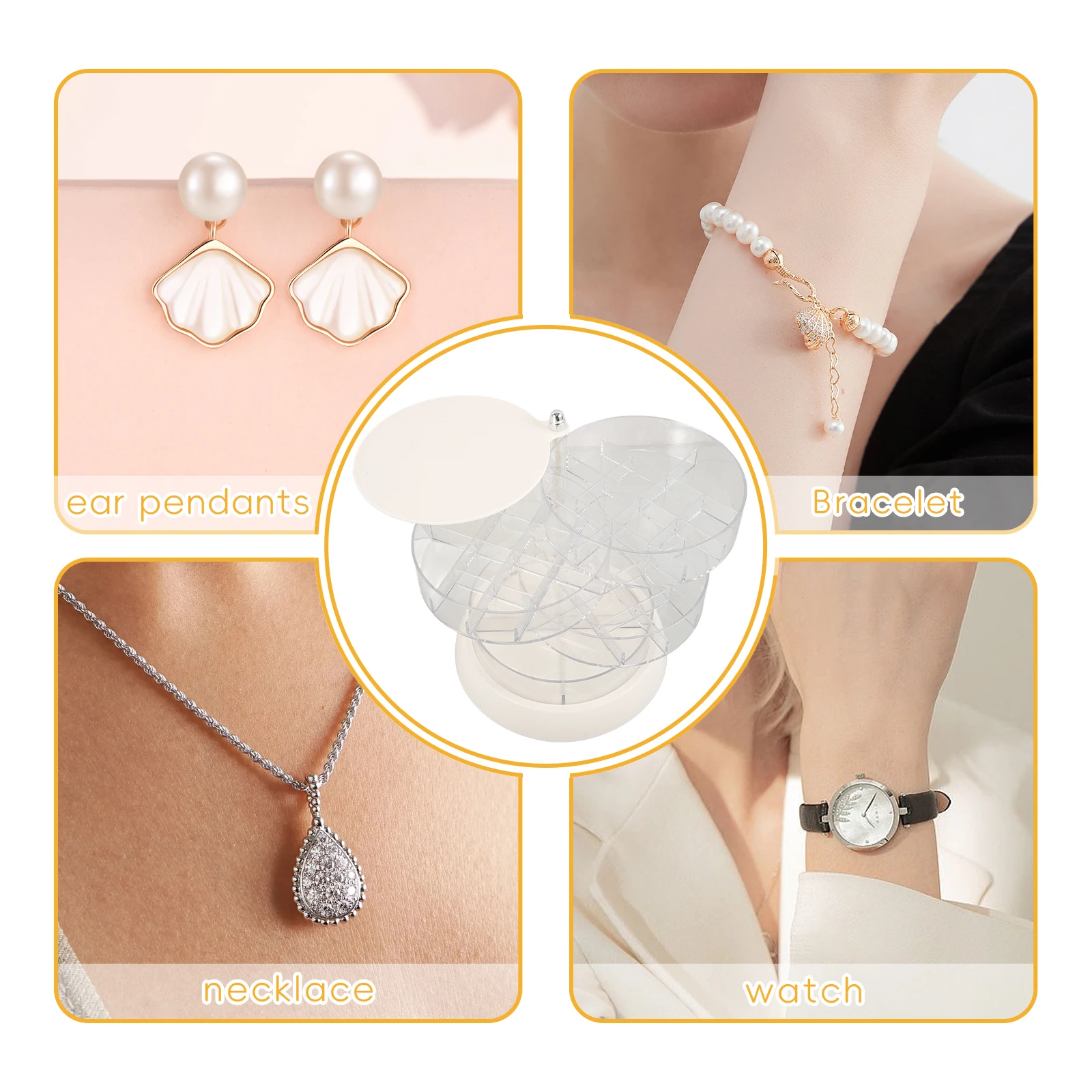 

Rotating 4 Layers Acrylic Storage ganizer Necklace Earrings Bracelet Ring Holder Display Case Trinket Container Multi Layer