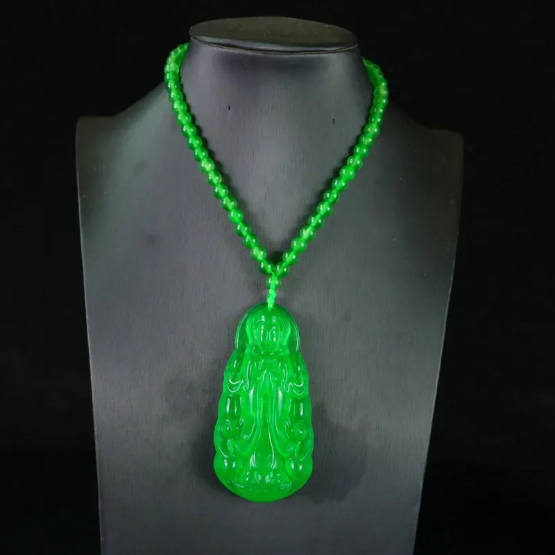 

Natural High Ice Green Quartzite Jade Guanyin Pendant, Classic Style Necklace