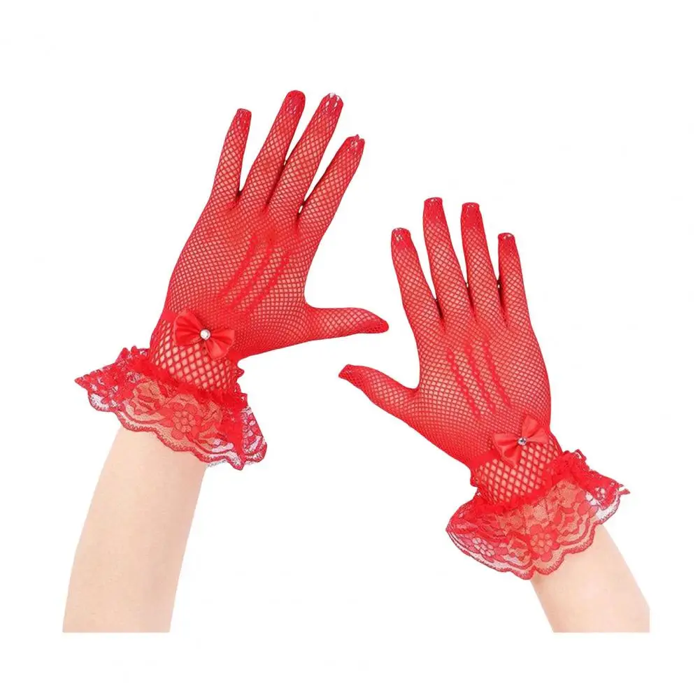 Women's PROM Gloves Clear Lace Hollowed-out Fishnet Frills Thin All Finger Performance Bridal Gloves