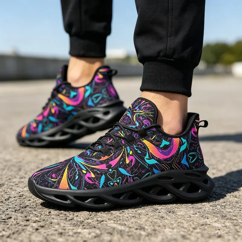 Men Women's lace-up printed casual sneakers，Lightweight women's casual dad shoes，Neon gradient breathable sweat-wicking upper，Co