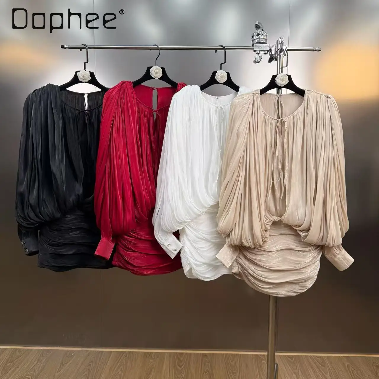 

2026 Spring French Style Elegant Ladies Dress Lantern Sleeve Ruched Long Sleeve Slim Mini Dress High-end Gentle Style Dresses