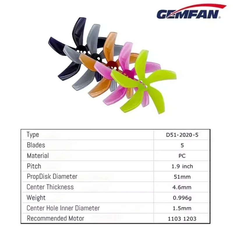 Gemfan D51 Hélices canalizadas de 5 lâminas de 51 mm para drone de corrida FPV de 2 polegadas 2020 Micro Quadcopter Adereços de furo pequeno 4 pares