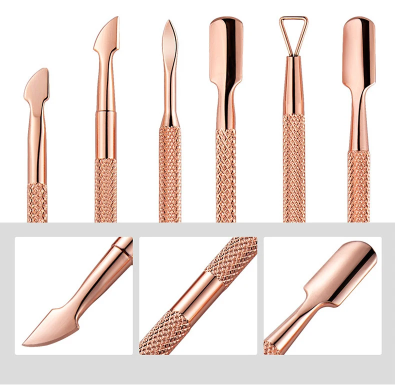 Stainless Steel Double Head Nail Art Dead Skin Pusher Cuticle Nipper Scissors Manicure Set Rose Gold UV Gel Remove 2/4Pcs/Set