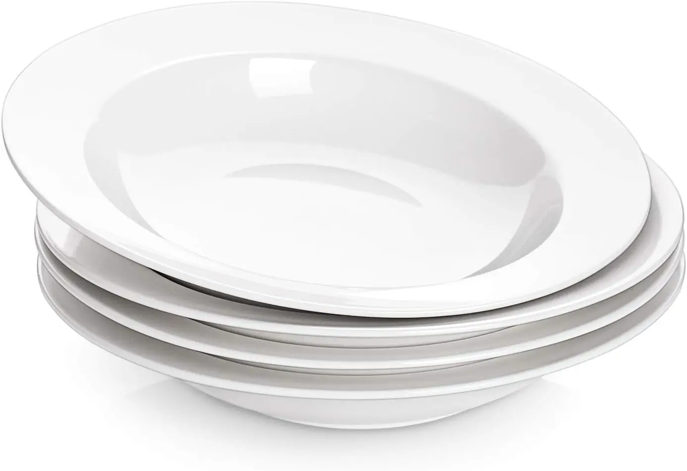 

So and Pasta Bowls Set of 4, White Porcelain Wide Rim Salad Plates, 20 Ounces, Microwave & Dishwasher Safe
