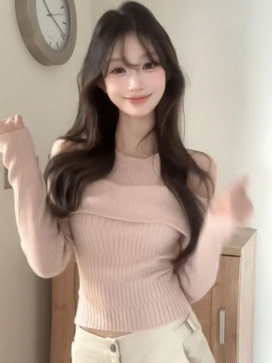 

Корейская мягкая розовая трикотажная футболка с оulder Bared Long Sve, женская ранняя осень, искусственная двухсекционная тонкая эластичная основа irt...