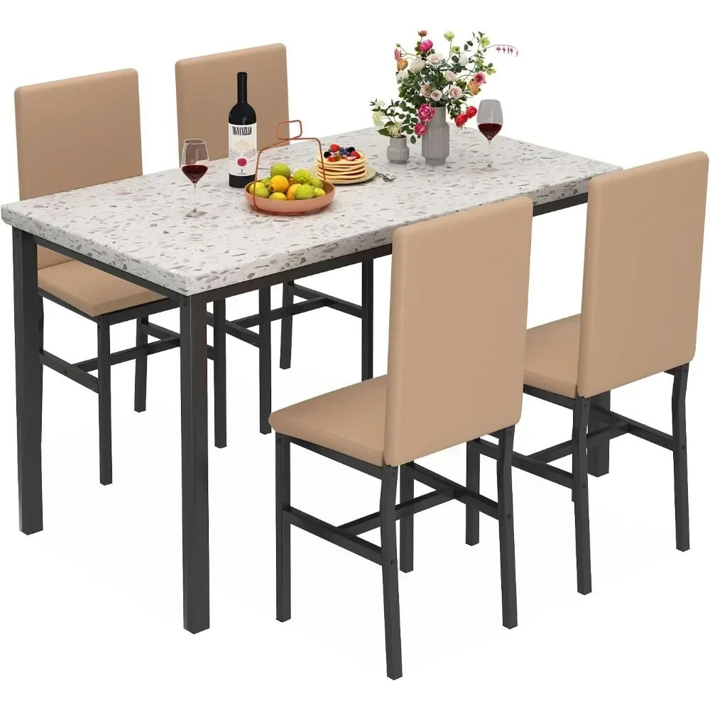 

Dining Table Set for 4, 5-Piece Marble DiningTableSet with 4 Faux Leather Metal Frame Chairs for Kitchen