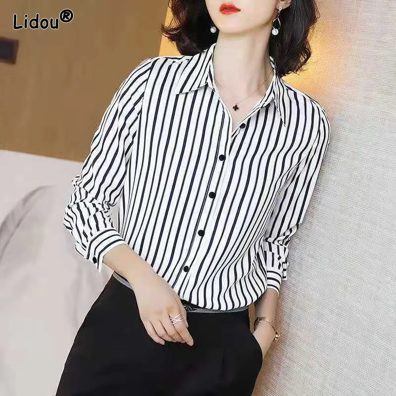 Women\'s Clothing Blouses Women Shirt Thin Striped Casual Women Single Breasted Straight Spring Summer Button Turn-down Collar