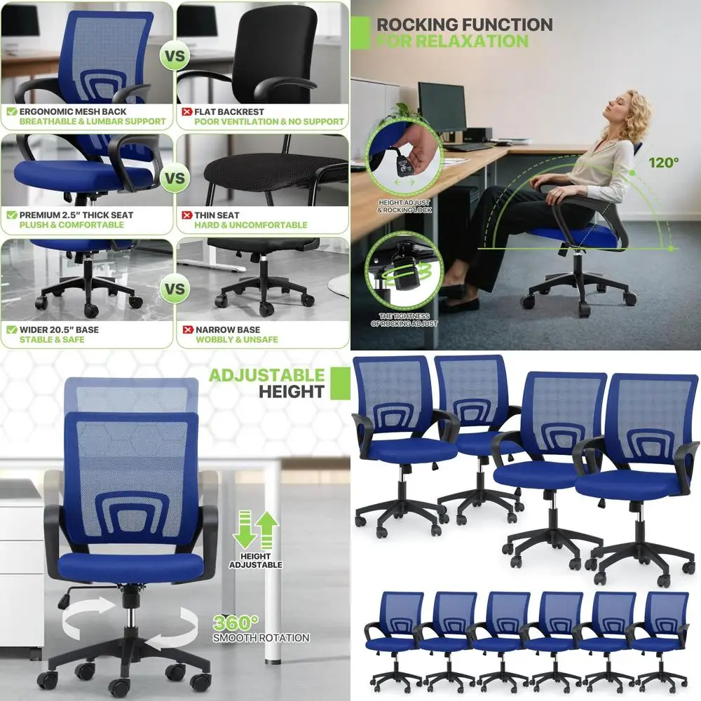 10-Pack Ergonomic Office Chairs: Navy Blue Mesh Swivel Desk Chairs with Lumbar Support for Work, Study, or Gaming, 300 lbs Capac