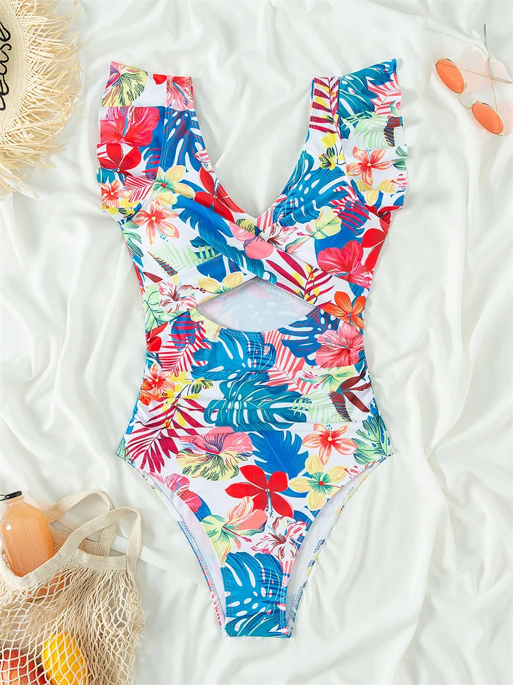 One Piece Swimsuit Women 2024 New Hollow Out Ruffled Swimwear Sexy Monokini Bodysuit Bathing Suit For Female Summer Beach Wear