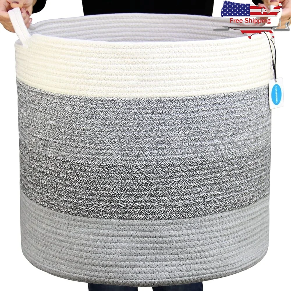 

Eco-Friendly Cotton Rope Storage Basket Round Organizer Living Room Laundry Bathroom Diaper Clothes Hamper with Handles Foldable