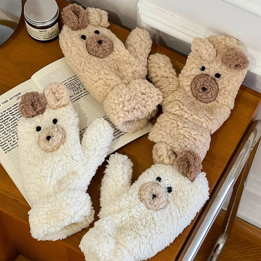 

Plush Bear Mittens for Women Cute Cartoon Thermal Winter Gloves Thicken Velvet Hand Warmers Outdoor Cold Weather Gifts