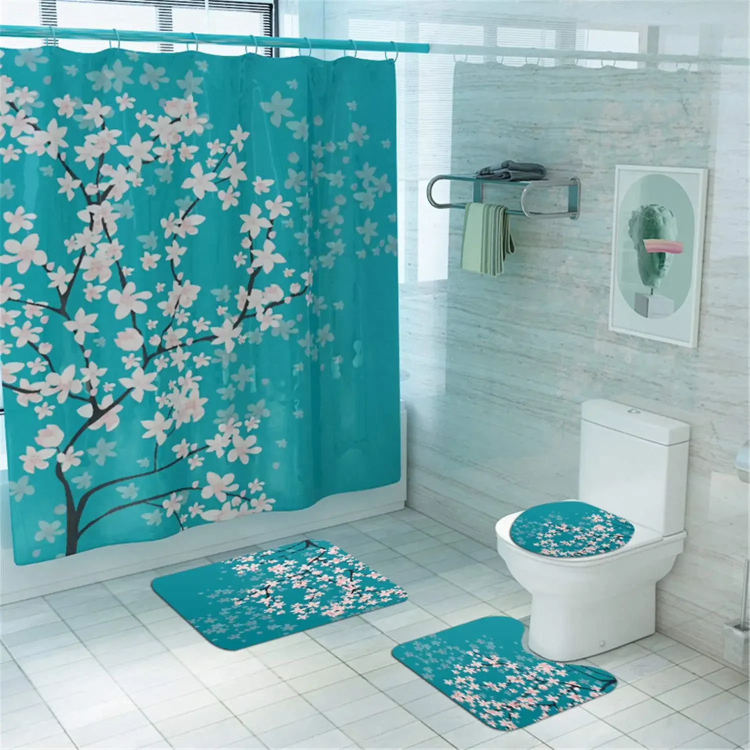 Cherry Blossoms Print Fabric Shower Curtains Bathroom Curtain Set Flower Anti-skid Rugs Carpet Toilet Lid Cover Bath Mat Sets