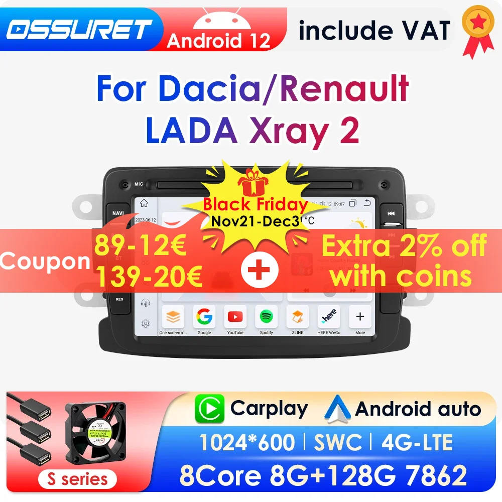 Android 12 Car radio for Dacia Sandero Duster Renault Captur Lada Xray 2 Logan 2 Multimedia Player Navigation GPS Carplay 2Din