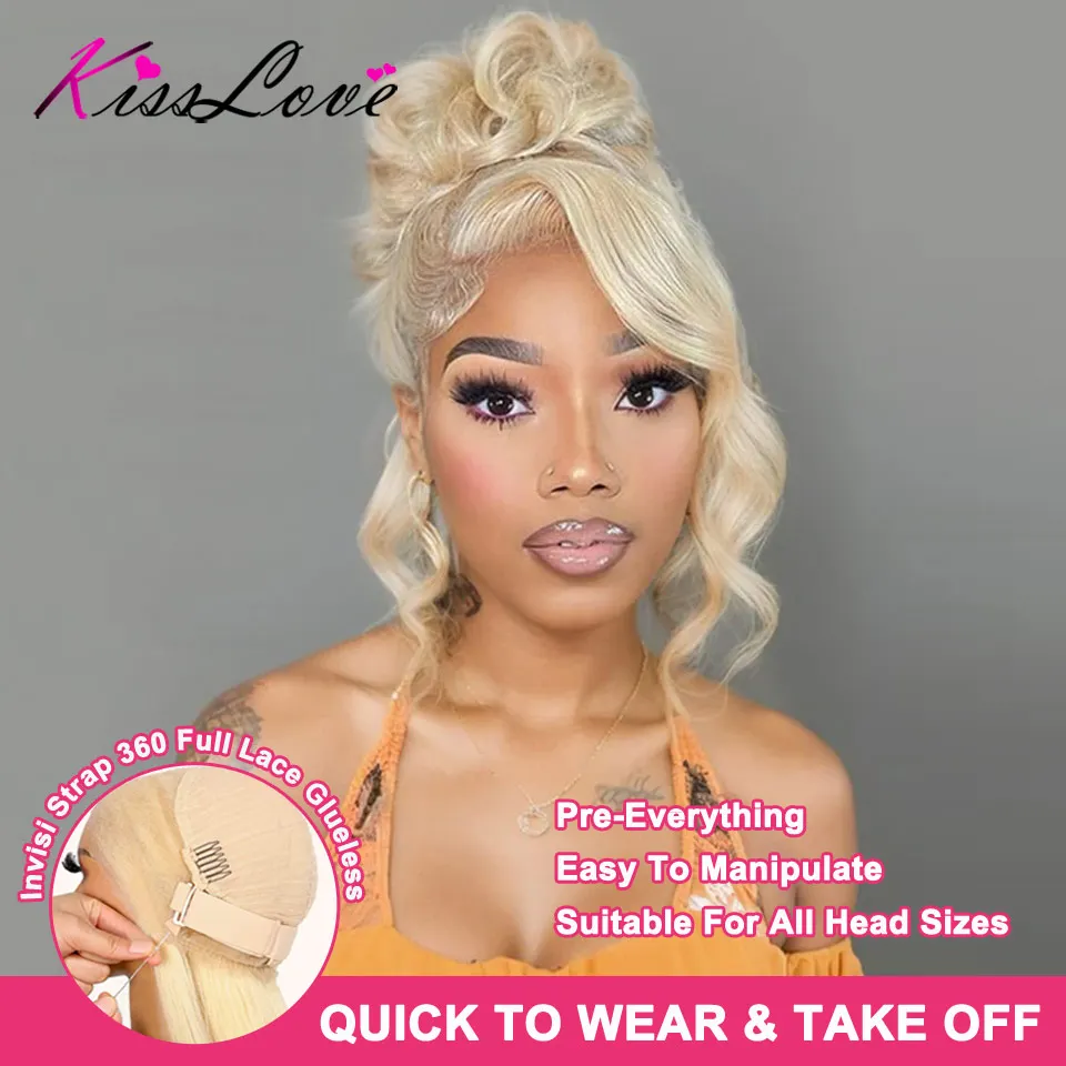 

KissLove 613 Blonde Hair Invisi-Strap Snug Fit 360 Full Lace Glueless Wigs Human Hair HD Transparent Lace Frontal Wigs for Women