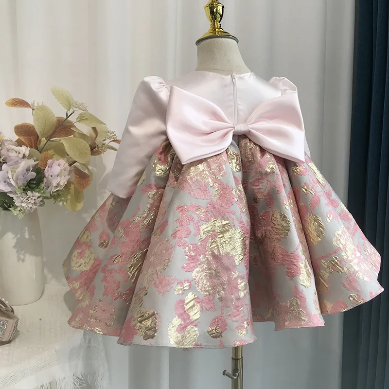 Vestido de fiesta de princesa de satén con estampado bonito para niños, vestido de fiesta de cumpleaños de manga larga con lazo a la moda para niñas y1423