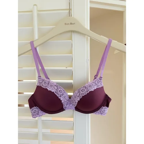 Imagen 2 del producto Conjunto de sujetador push-up y tanga de encaje morado para mujer, lencería transparente sexy, ajuste cómodo S-XL, realza el busto de pequeño a grande