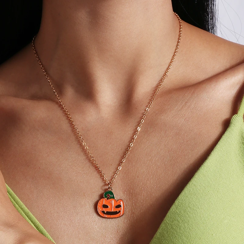 Aihua Niedliche Emaille-Halloween-Kürbis-Halskette, Fledermaus, Mumie, Hexe, Skelett, Augapfel, Halskette für Damen und Herren, Halloween-Party-Schmuck – Detail 2
