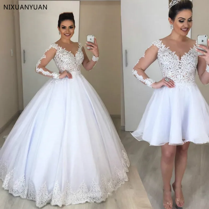 

Vestido De Novia 2 In 1 Wedding Dress Long Sleeves Bridal Gowns Appliques Lace Wedding Dresses Puffy Tulle Detachable Train