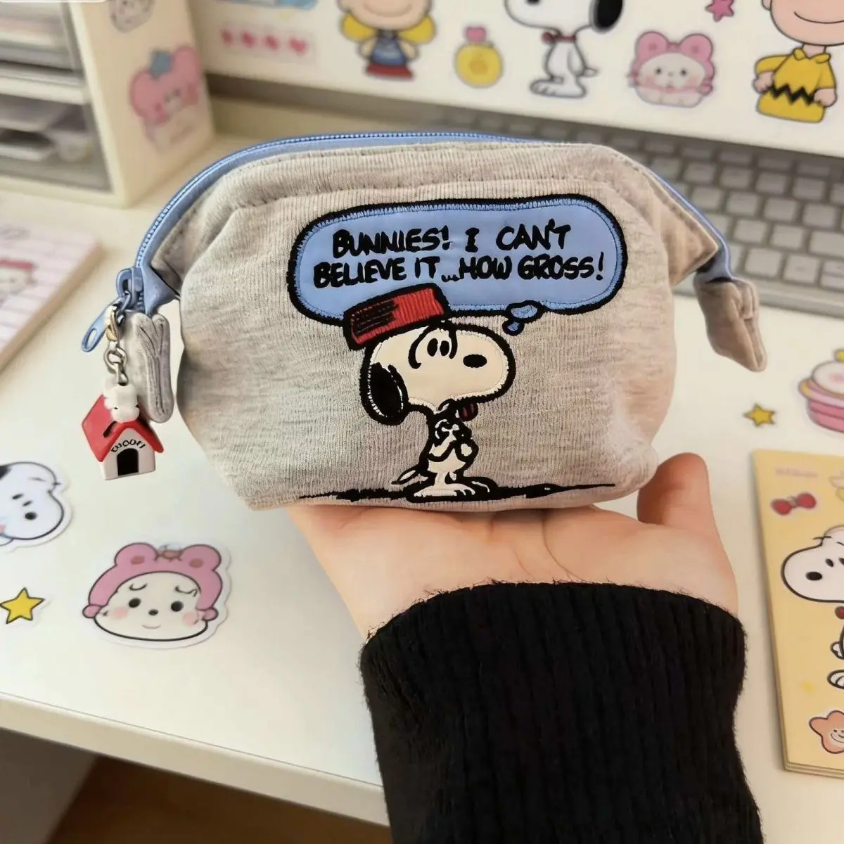 Lindo Monedero de Tela con Cierre y Bordado de Snoopy, Bolsa de Almacenamiento, Mini Bolsa de Cosméticos, Organizador de Pequeños Accesorios para Uso Diario