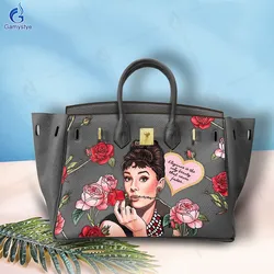 Street Artisc Hand Draw A woman holding a rose in her mouth Bags Women Bags Messenger Crossbody Handbags Real Cowskin Leather