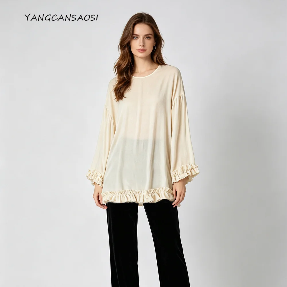 2026 Women's Fashion Autumn Clothing Loose French 30% Natural Mulberry Silk Velvet Round Neck Long Sleeved White T-shirt