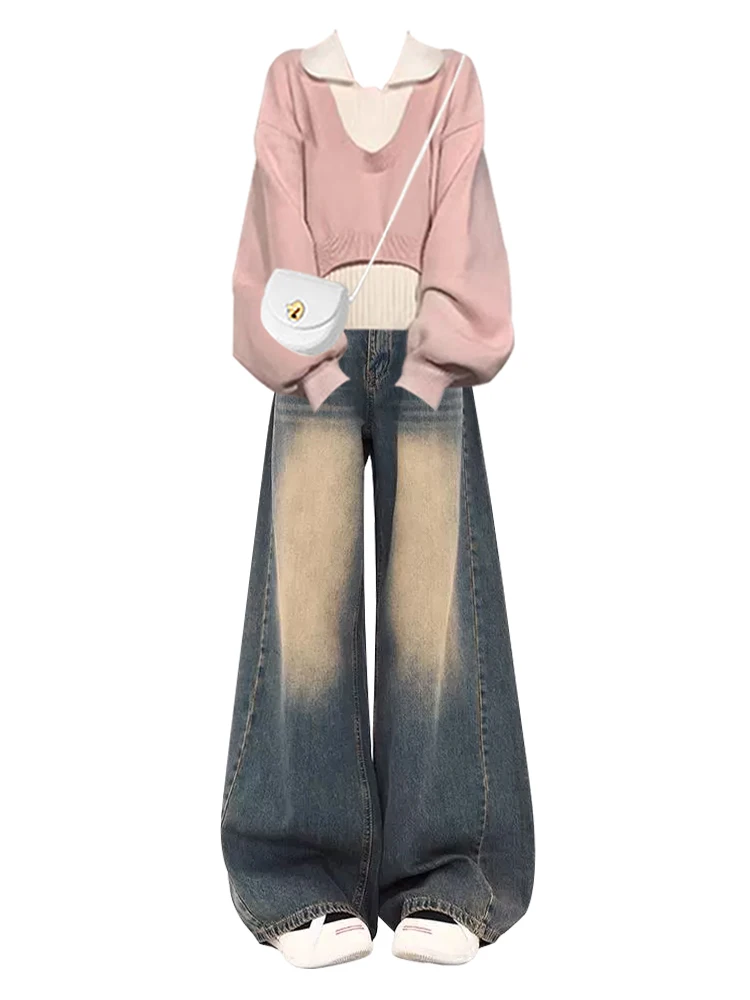 Maglione lavorato a maglia rosa con ricamo pesante in denim da donna Faion Retro Hong Kong Sle College Stratificazione Bot Stagione autunnale