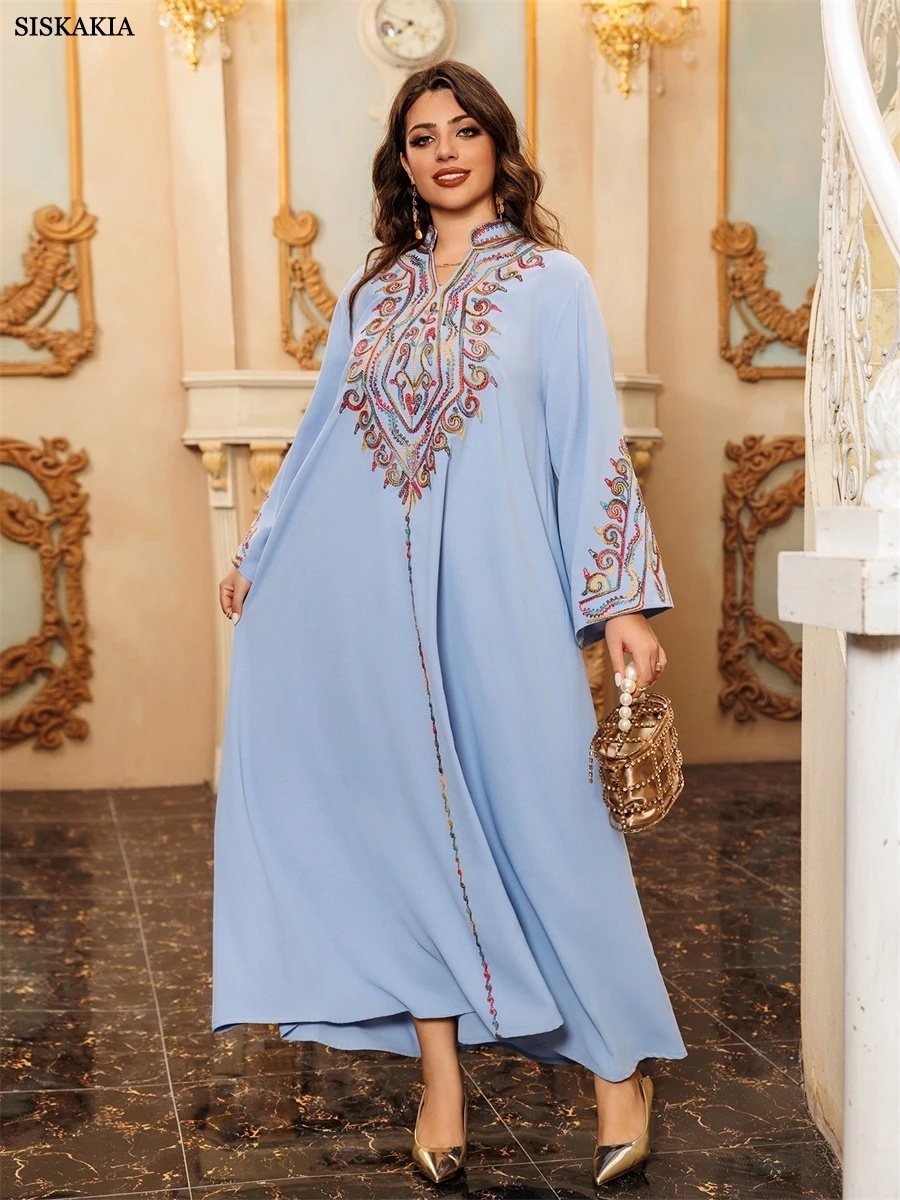 Siskakia ramadan bordado elegante solto abaya para mulheres muçulmanas sólido maxi vestido kaftan vestidos das mulheres dubai