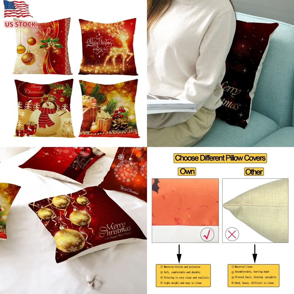 

4PCS Christmas Pillow Case Cover Sofa Cushion Cover Holiday Home Decor Xmas Tree Print Winter Seasonal Decoration Cozy Living