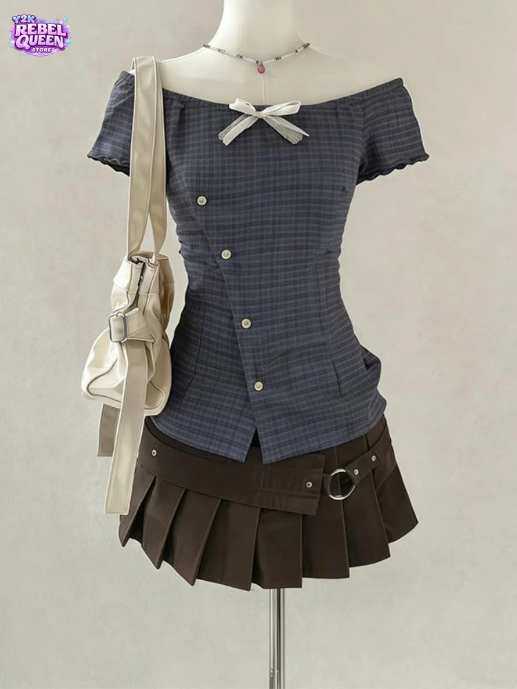 

Japanese Sweet 2 Piece Set Women Slim Blue Plaid Bow Off Shoulder Shirt + High Waist Brown Pleated Skirt Casual Fashion Outfit