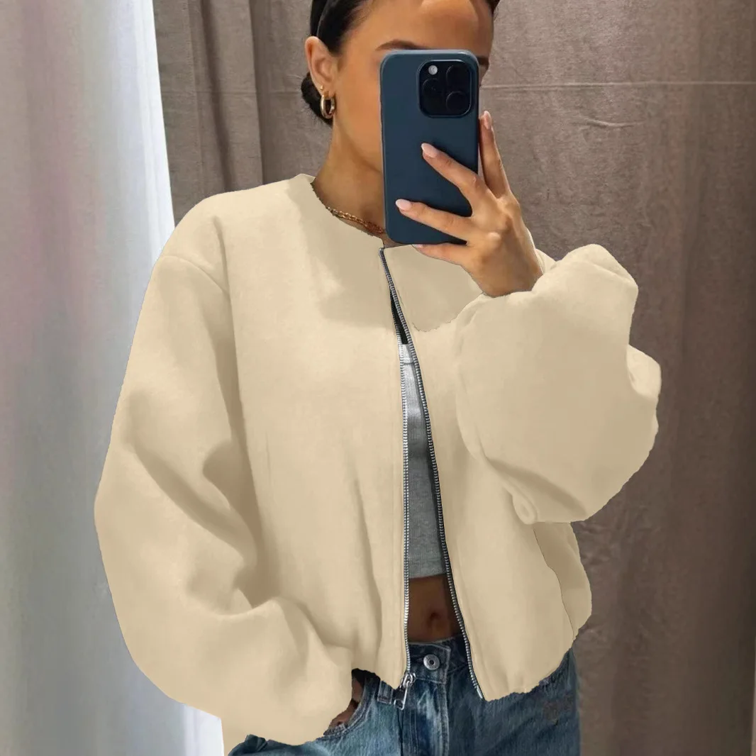 코트 솔리드 지퍼 가디건 여성용 O넥 재킷 긴 소매 스플라이스 포켓 루즈핏 가을 2025 캐주얼 약간의 신축성